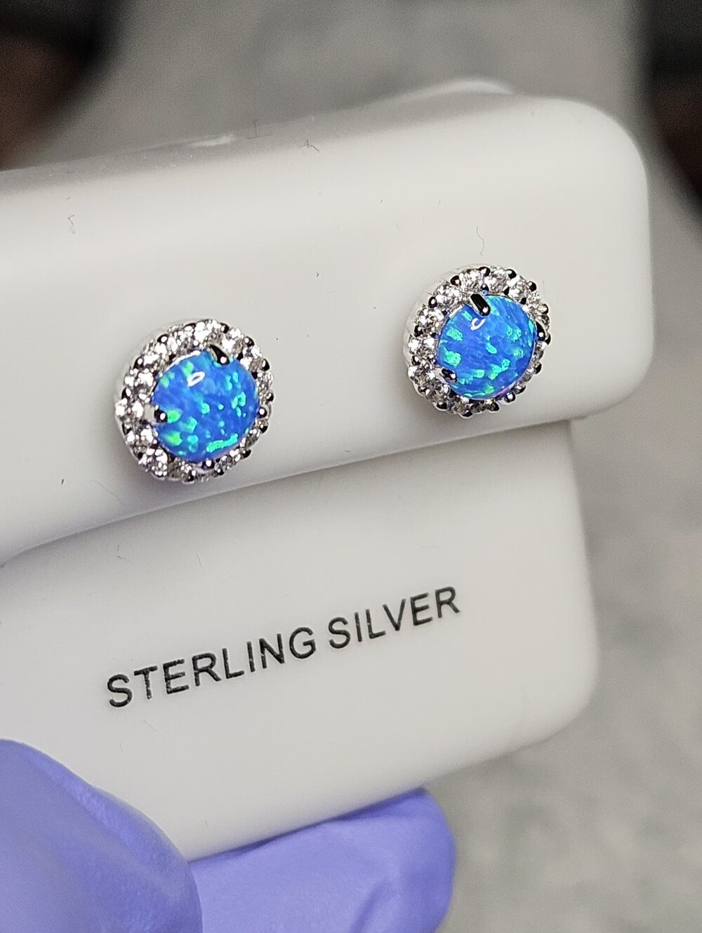 NWOT Sterling Silver Blue Fire Opal Halo Stud Earrings